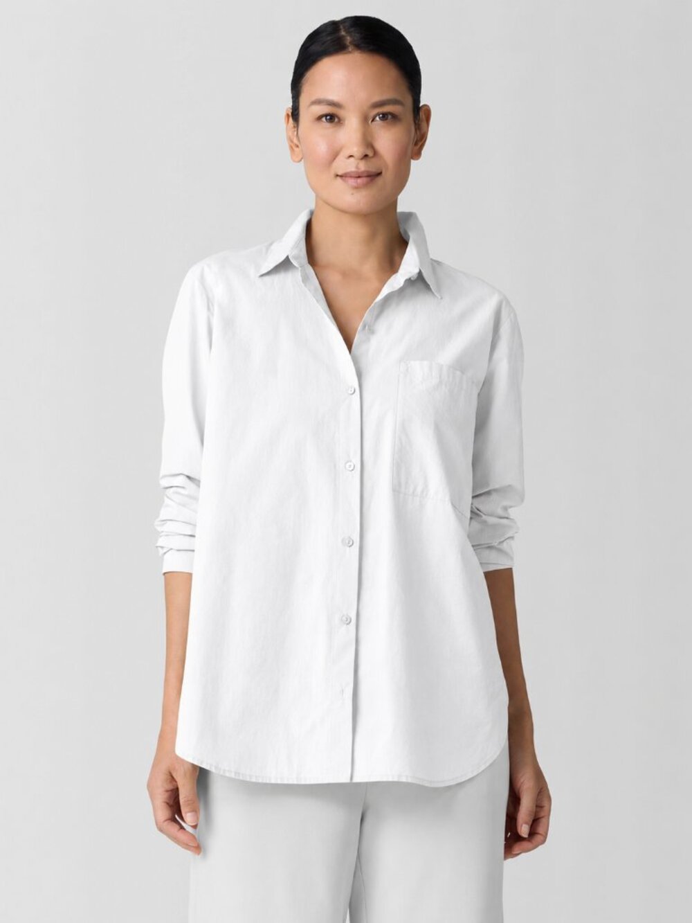 Eileen Fisher Organic Cotton Poplin Classic Collar Long Shirt White L
